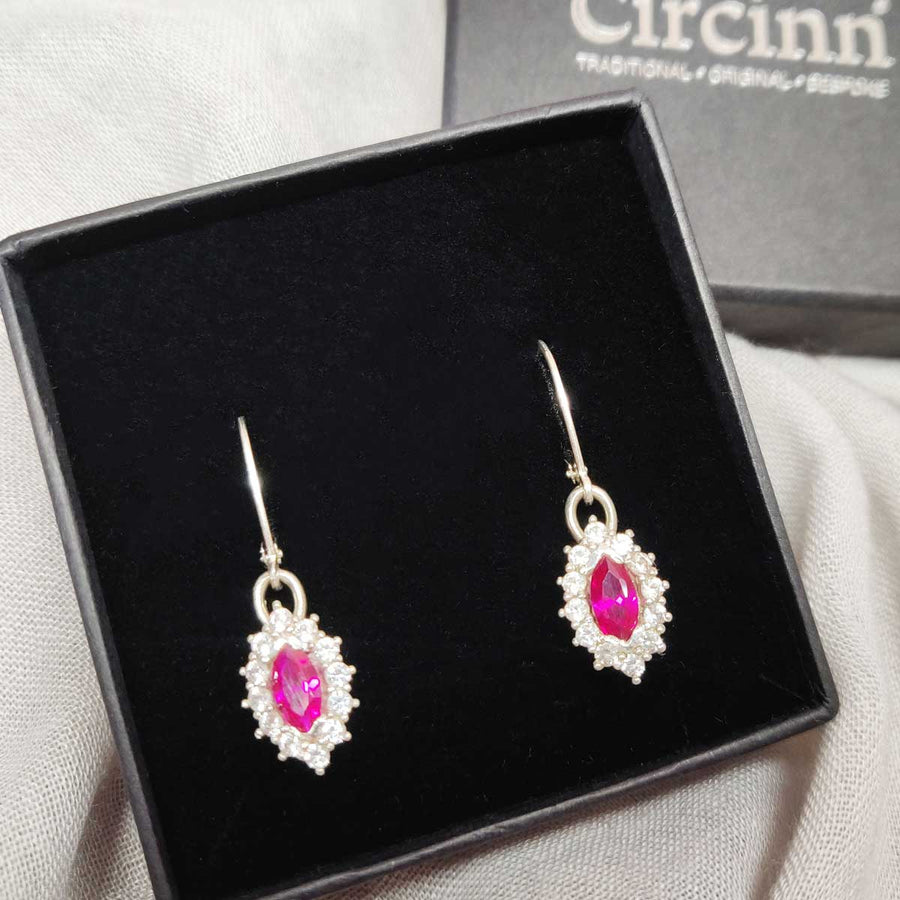 Ruby Marquise and white sapphire cluster earrings in argentium silver in branded box