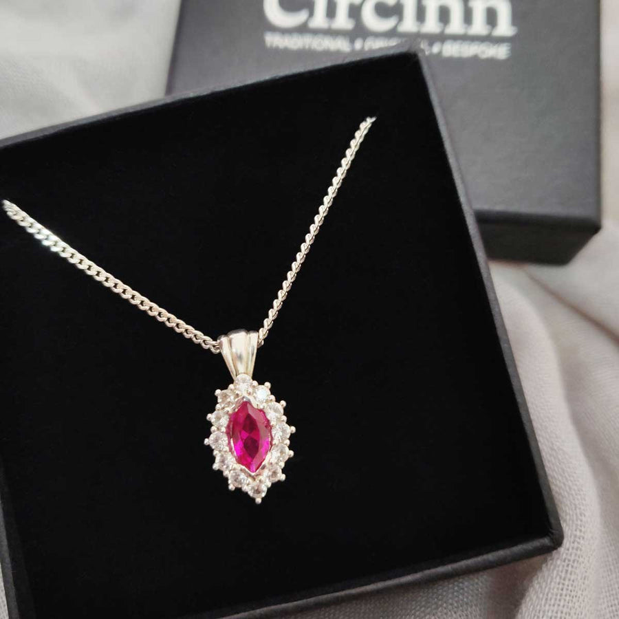 Ruby Marquise and white sapphire cluster necklace in argentium silver in branded box