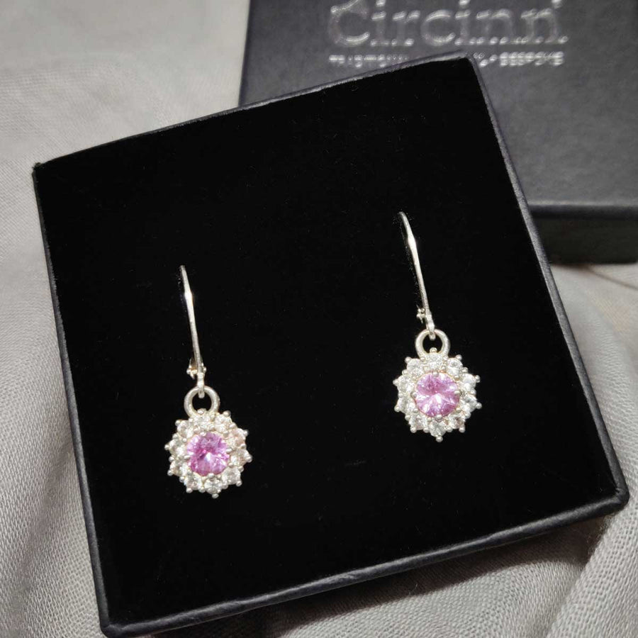 Pink and white sapphire cluster earrings in argentium silver in branded box