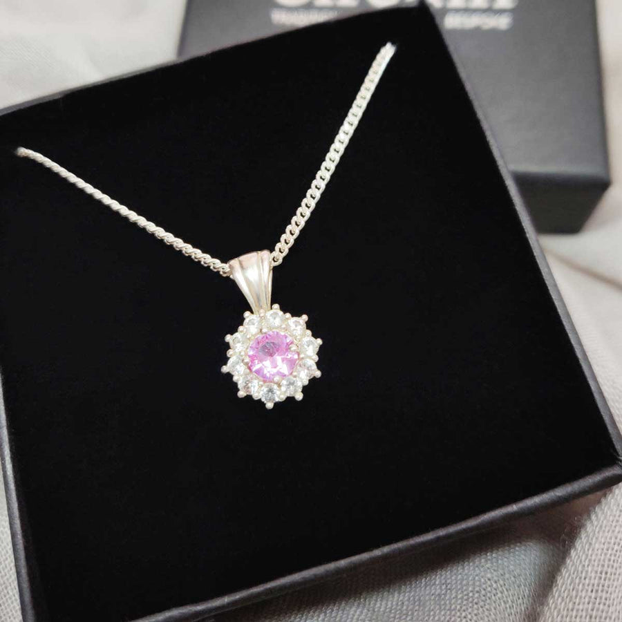 Pink and white sapphire cluster necklace in argentium silver in branded box