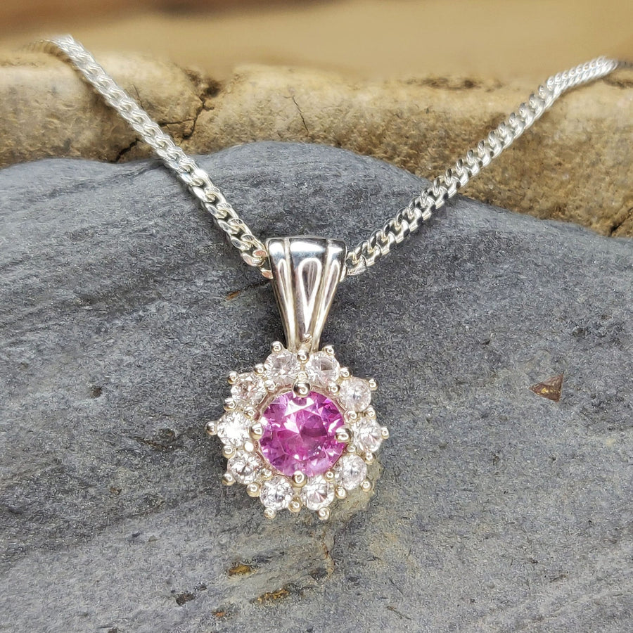 Elegant Pink Sapphire Cluster with White Sapphire Halo Necklace, Sterling Silver, September Birthstone, Perfect 21st Birthday Gift