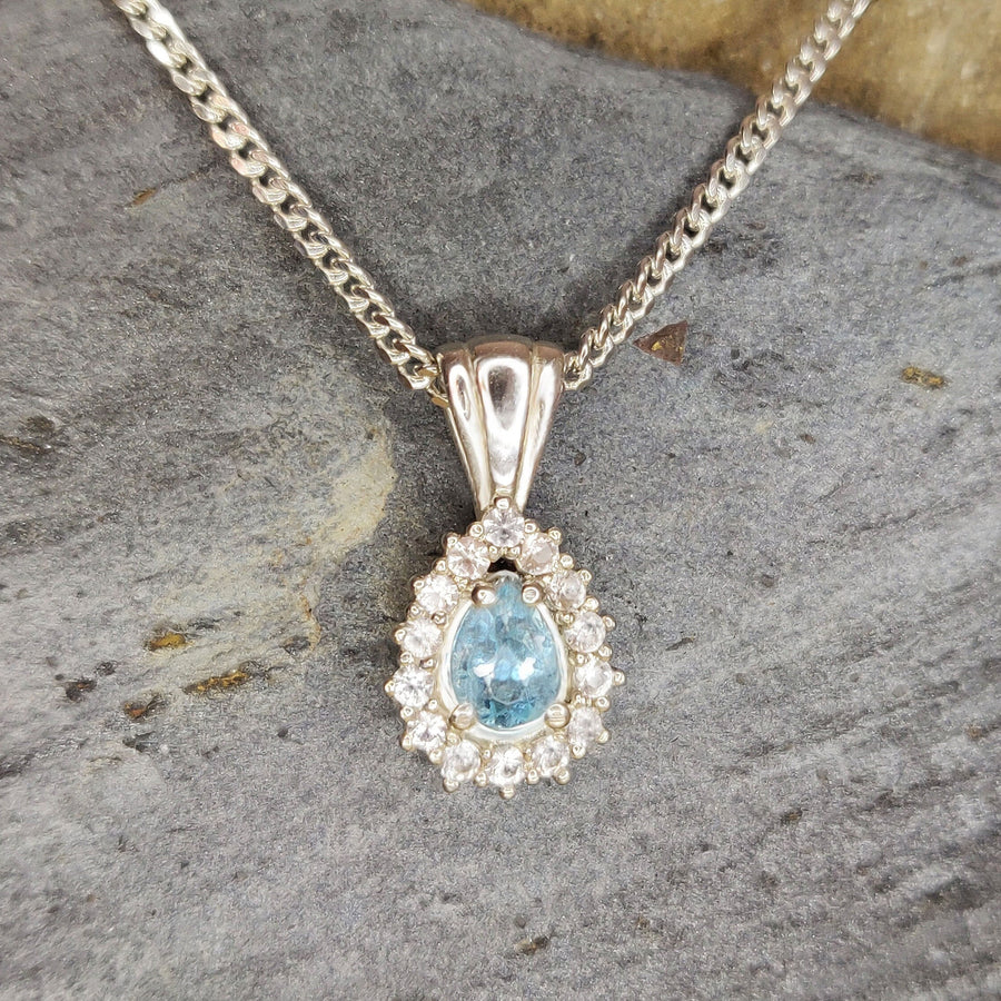 Art Deco Pear Cut Aquamarine Necklace with Sapphire Halo in 935 Argentium Silver