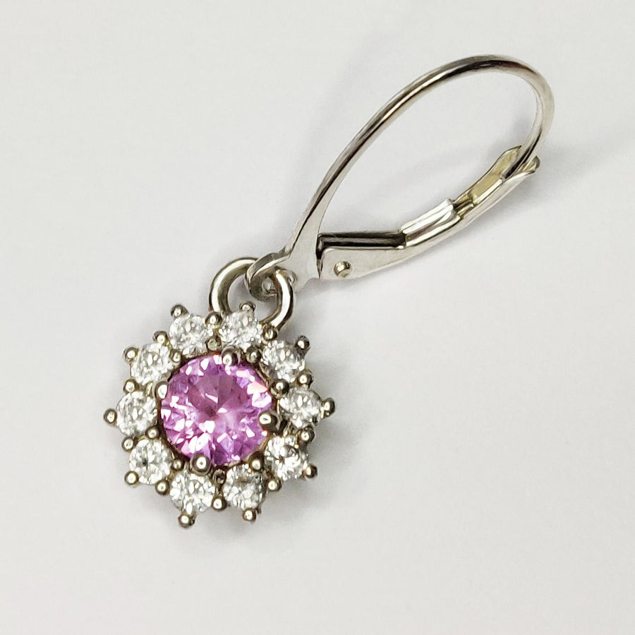 Pink Sapphire Dangle Earrings with White Sapphire Halo in Argentium Sterling Silver, September Birthstone Gift for Her