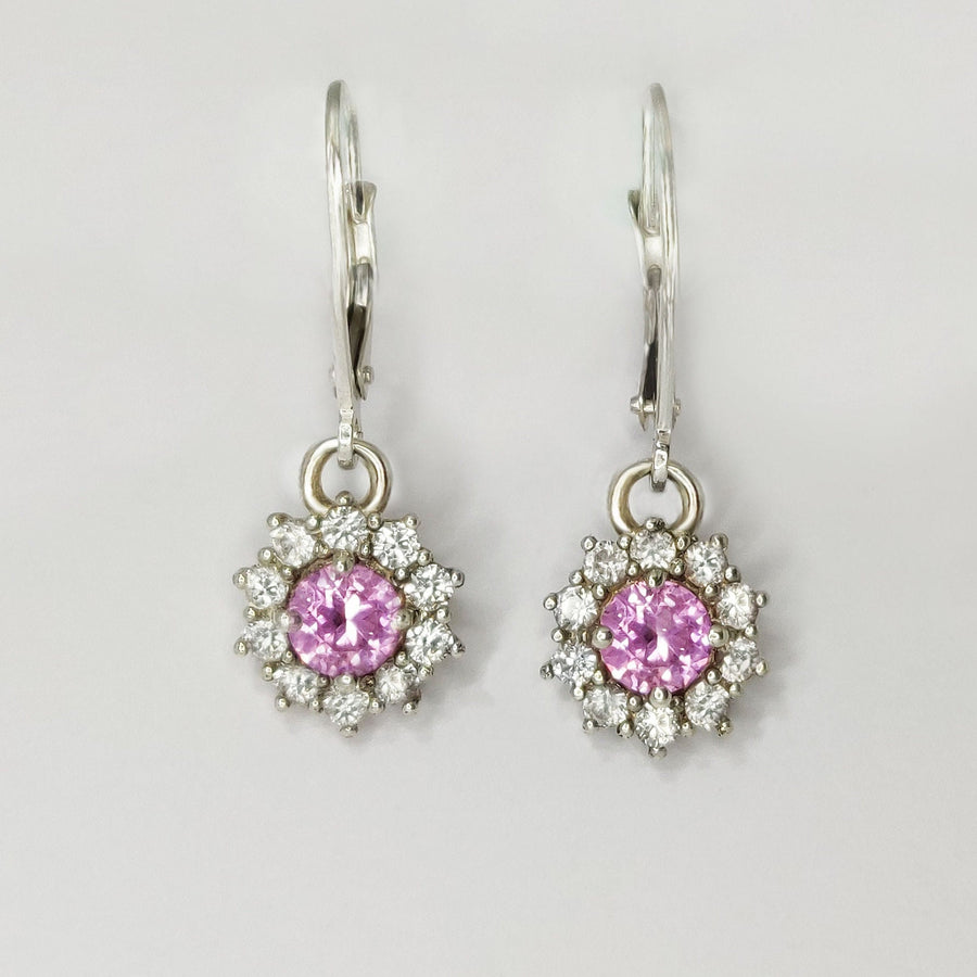 Pink Sapphire Dangle Earrings with White Sapphire Halo in Argentium Sterling Silver, September Birthstone Gift for Her