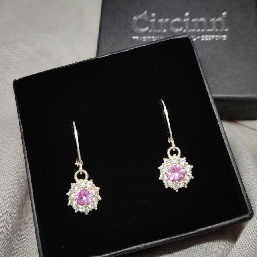Pink Sapphire Dangle Earrings with White Sapphire Halo in Argentium Sterling Silver, September Birthstone Gift for Her