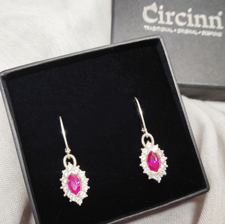 Vintage Ruby Dangle Earrings with White Sapphire Halo in Argentium Sterling Silver, July Birthstone Jewelry Gift