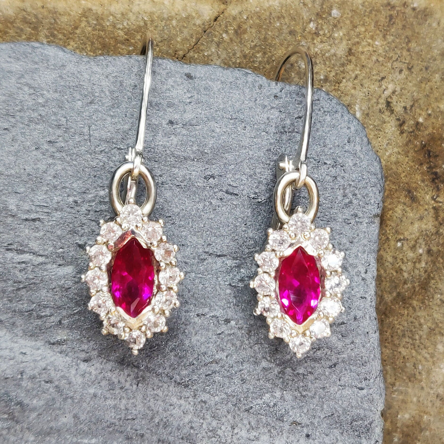 Vintage Ruby Dangle Earrings with White Sapphire Halo in Argentium Sterling Silver, July Birthstone Jewelry Gift
