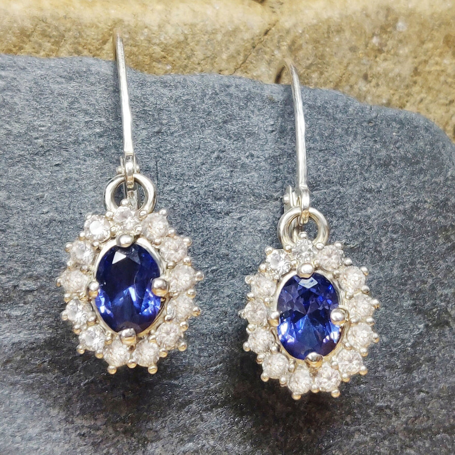 Art Deco Argentium Silver Earrings with Blue and White Sapphire Cluster