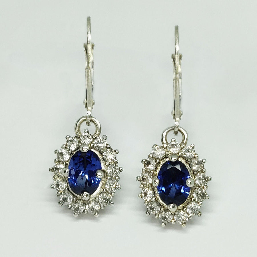 Art Deco Argentium Silver Earrings with Blue and White Sapphire Cluster