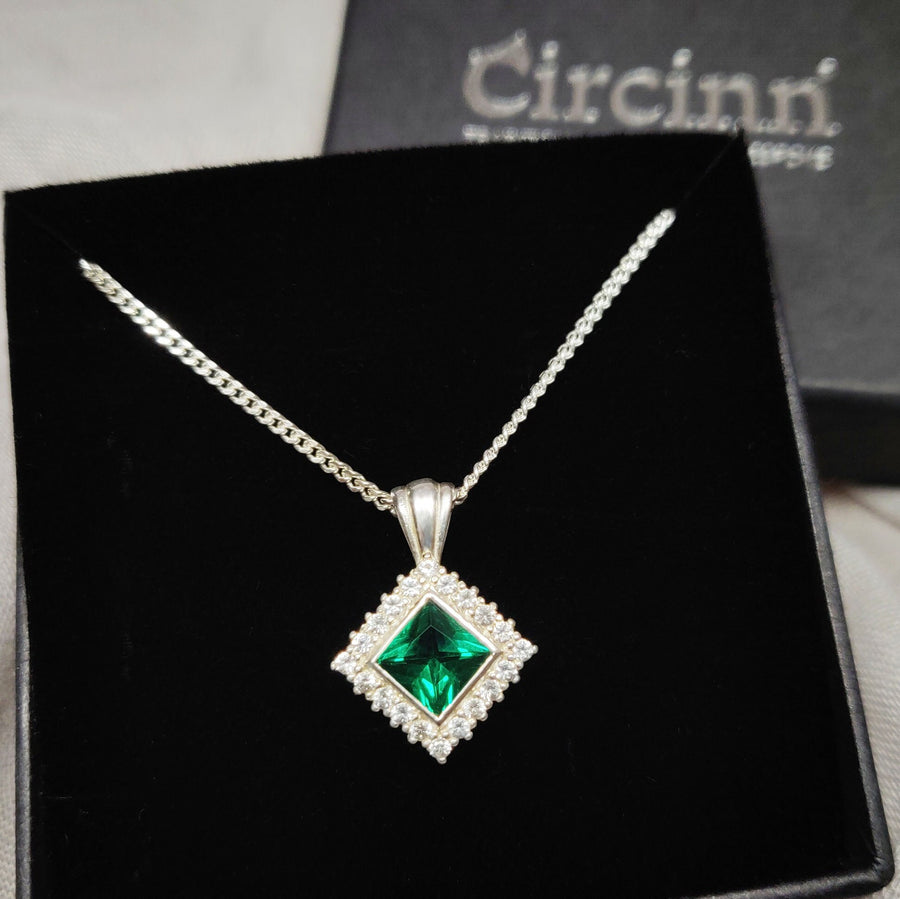 Princess Emerald and Diamond Cluster Necklace in a  display box