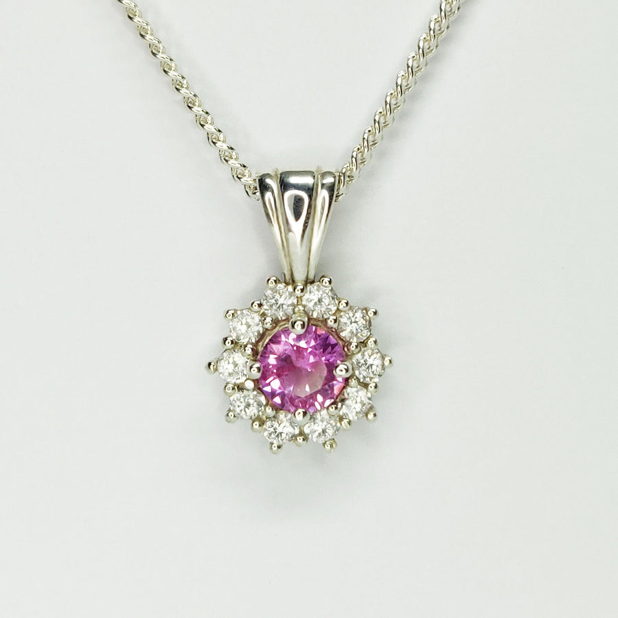 Elegant Pink Sapphire Cluster with White Sapphire Halo Necklace, Sterling Silver, September Birthstone, Perfect 21st Birthday Gift