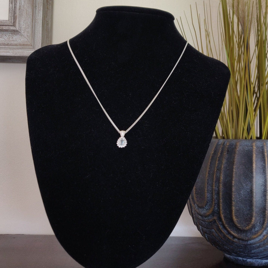 Art Deco Pear Cut Aquamarine Necklace with Sapphire Halo in 935 Argentium Silver