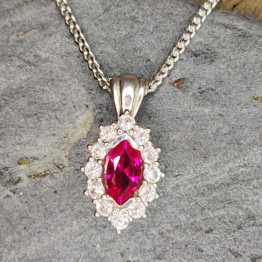 Ruby Cluster Necklace with White Sapphire Halo in Argentium Sterling Silver