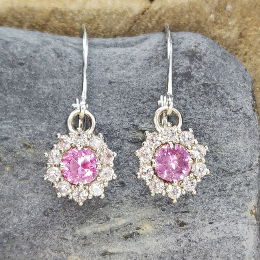 Pink Sapphire Dangle Earrings with White Sapphire Halo in Argentium Sterling Silver, September Birthstone Gift for Her