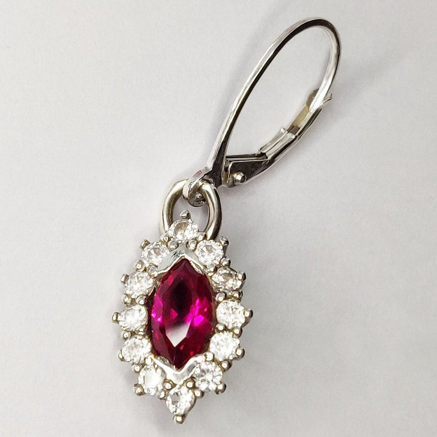 Vintage Ruby Dangle Earrings with White Sapphire Halo in Argentium Sterling Silver, July Birthstone Jewelry Gift