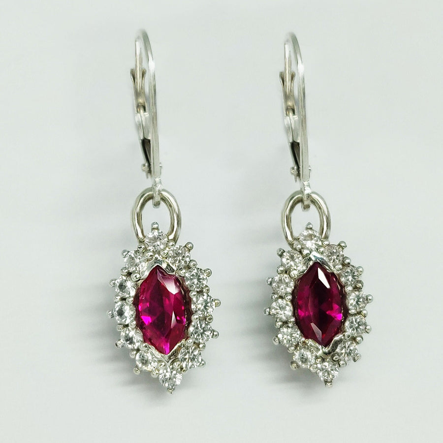 Vintage Ruby Dangle Earrings with White Sapphire Halo in Argentium Sterling Silver, July Birthstone Jewelry Gift