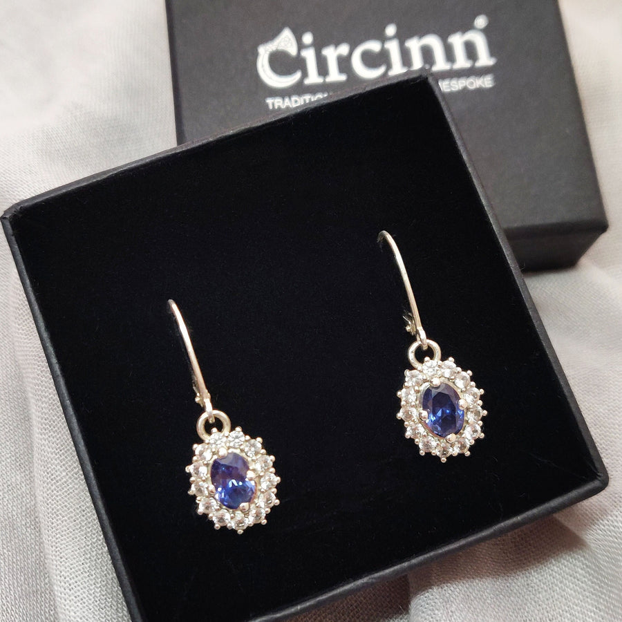 Art Deco Argentium Silver Earrings with Blue and White Sapphire Cluster