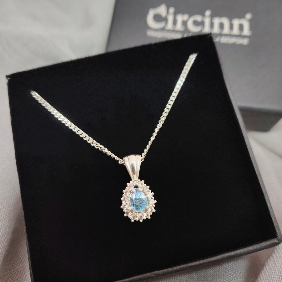 Art Deco Pear Cut Aquamarine Necklace with Sapphire Halo in 935 Argentium Silver