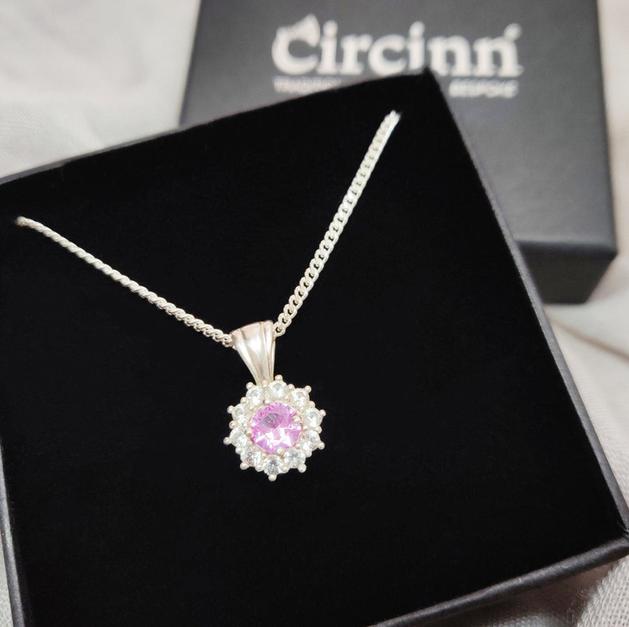 Elegant Pink Sapphire Cluster with White Sapphire Halo Necklace, Sterling Silver, September Birthstone, Perfect 21st Birthday Gift