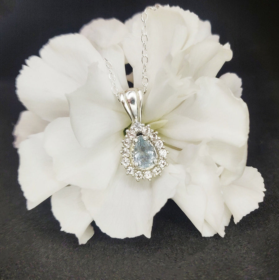 Art Deco Pear Cut Aquamarine Necklace with Sapphire Halo in 935 Argentium Silver