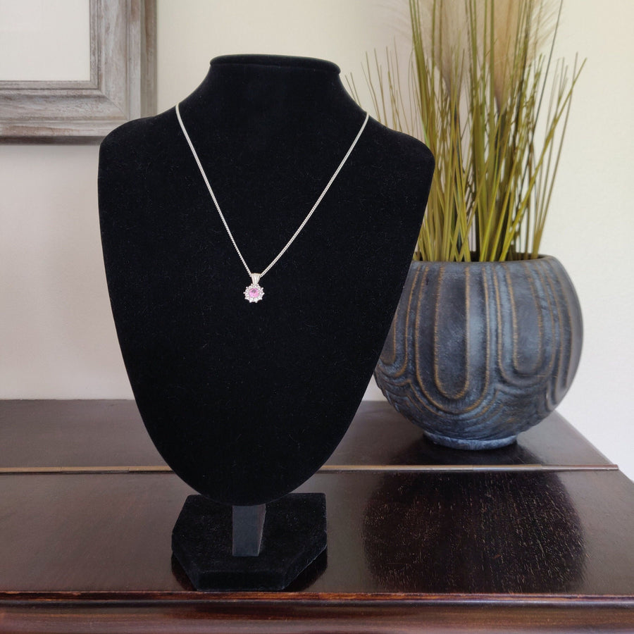 Elegant Pink Sapphire Cluster with White Sapphire Halo Necklace, Sterling Silver, September Birthstone, Perfect 21st Birthday Gift