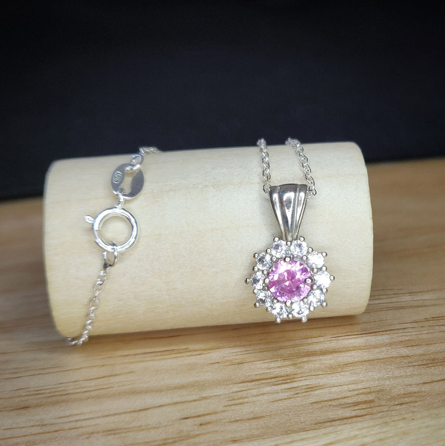Elegant Pink Sapphire Cluster with White Sapphire Halo Necklace, Sterling Silver, September Birthstone, Perfect 21st Birthday Gift