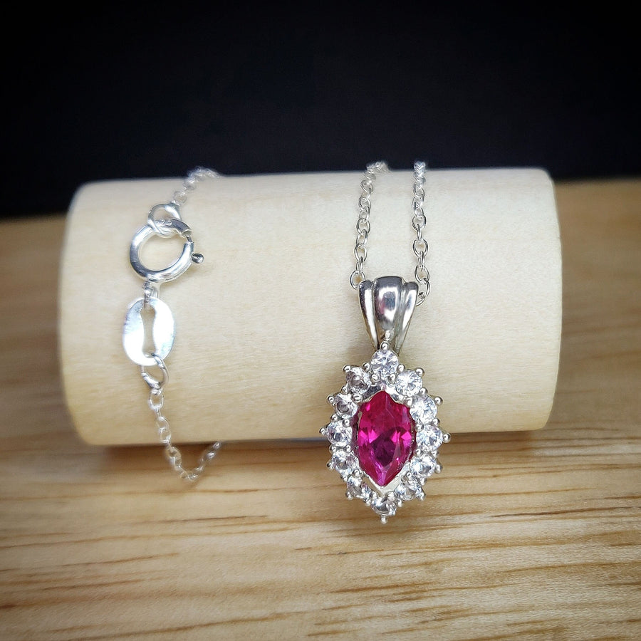 Ruby Cluster Necklace with White Sapphire Halo in Argentium Sterling Silver