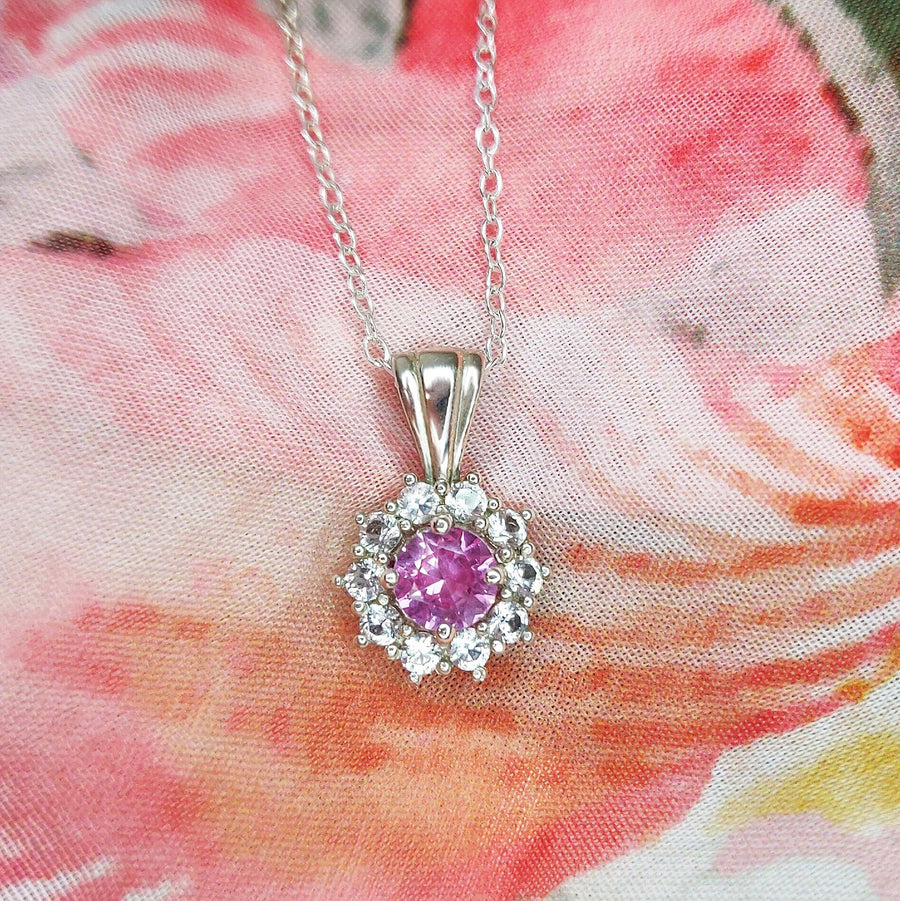 Elegant Pink Sapphire Cluster with White Sapphire Halo Necklace, Sterling Silver, September Birthstone, Perfect 21st Birthday Gift