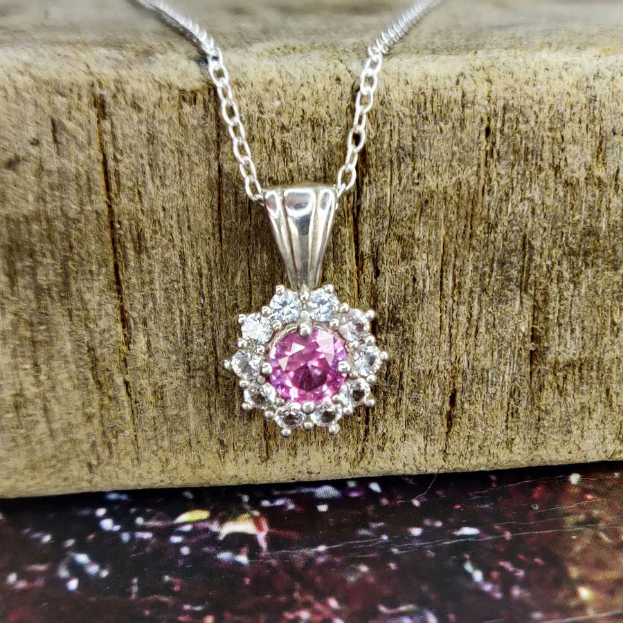 Elegant Pink Sapphire Cluster with White Sapphire Halo Necklace, Sterling Silver, September Birthstone, Perfect 21st Birthday Gift