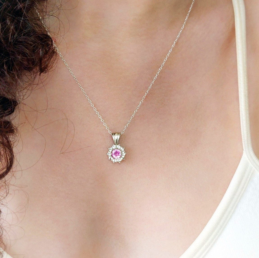Elegant Pink Sapphire Cluster with White Sapphire Halo Necklace, Sterling Silver, September Birthstone, Perfect 21st Birthday Gift