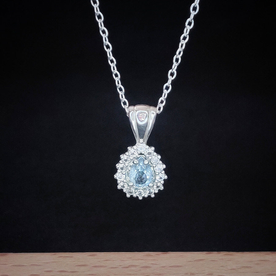 Art Deco Pear Cut Aquamarine Necklace with Sapphire Halo in 935 Argentium Silver