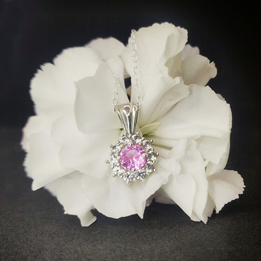 Elegant Pink Sapphire Cluster with White Sapphire Halo Necklace, Sterling Silver, September Birthstone, Perfect 21st Birthday Gift