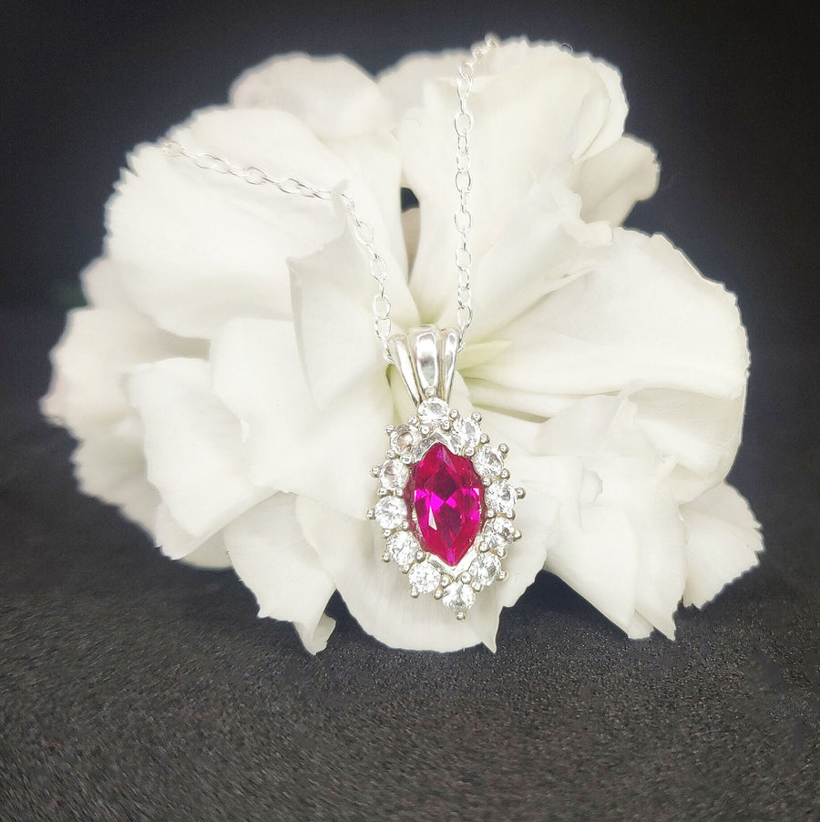 Ruby Cluster Necklace with White Sapphire Halo in Argentium Sterling Silver
