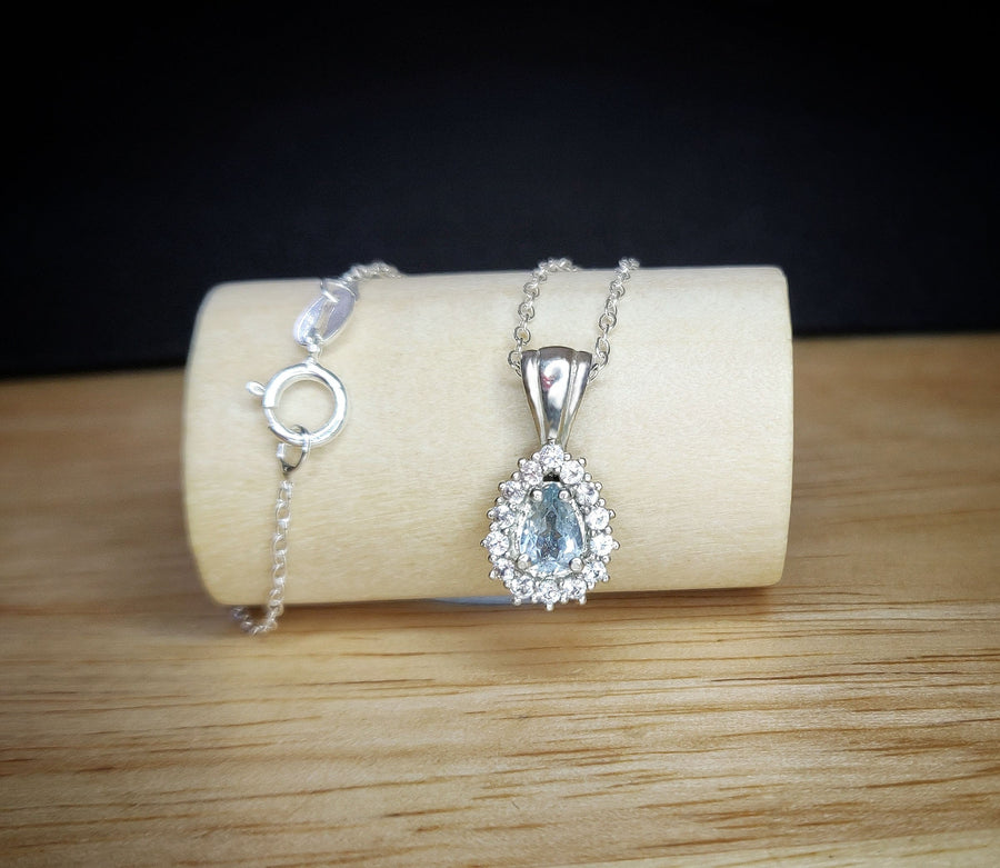Art Deco Pear Cut Aquamarine Necklace with Sapphire Halo in 935 Argentium Silver