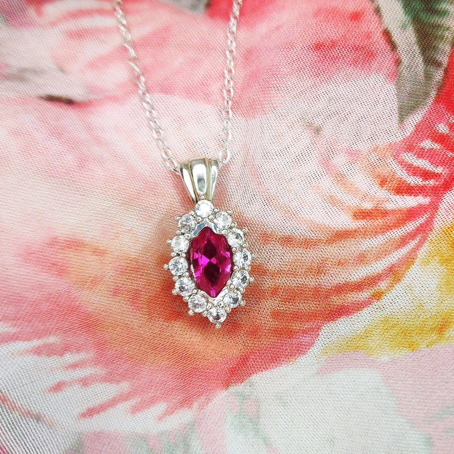 Ruby Cluster Necklace with White Sapphire Halo in Argentium Sterling Silver