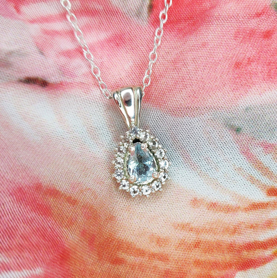 Art Deco Pear Cut Aquamarine Necklace with Sapphire Halo in 935 Argentium Silver