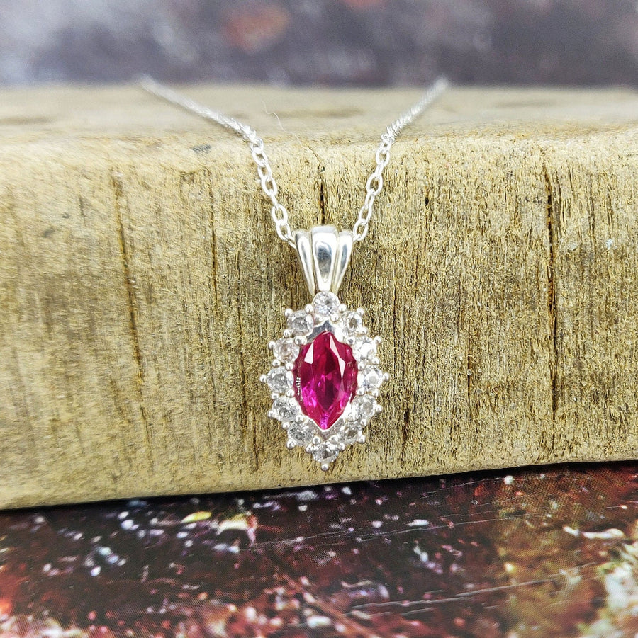 Ruby Cluster Necklace with White Sapphire Halo in Argentium Sterling Silver