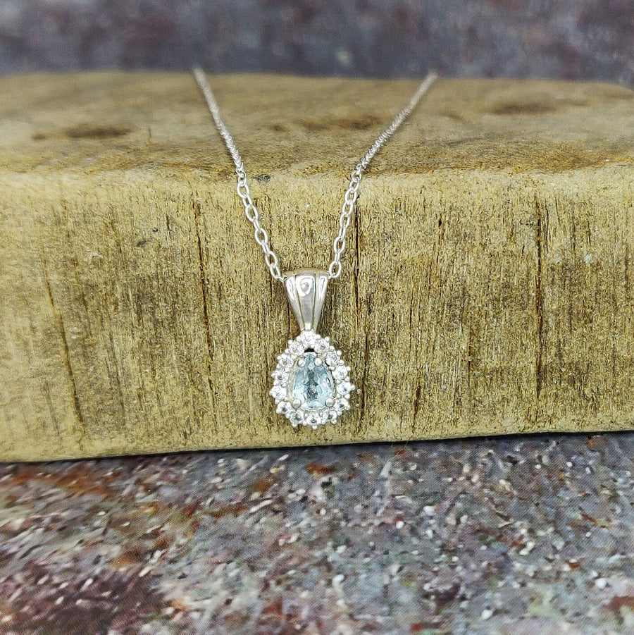 Art Deco Pear Cut Aquamarine Necklace with Sapphire Halo in 935 Argentium Silver