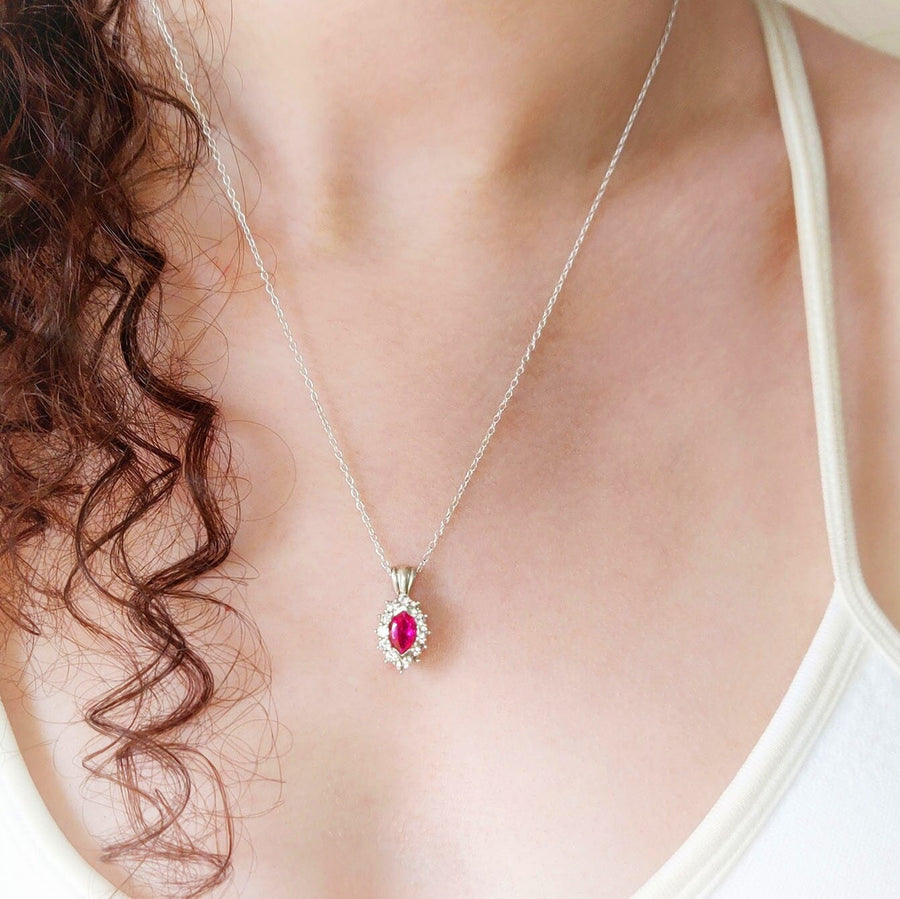 Ruby Cluster Necklace with White Sapphire Halo in Argentium Sterling Silver