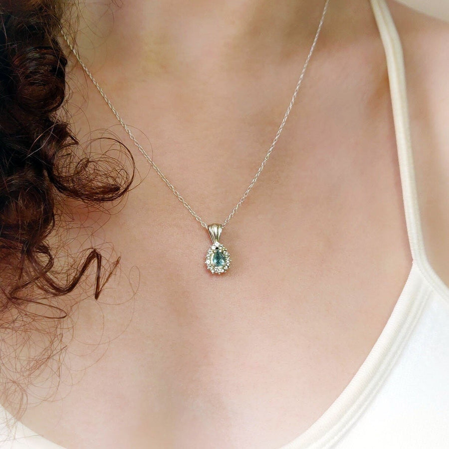 Art Deco Pear Cut Aquamarine Necklace with Sapphire Halo in 935 Argentium Silver