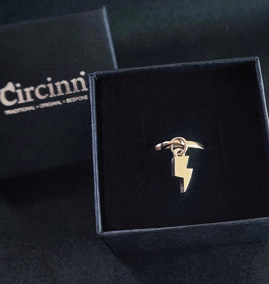 Recycled Gold Lightning Bolt Charm Ring in 9k Yellow Gold - Perfect Gift for Her
