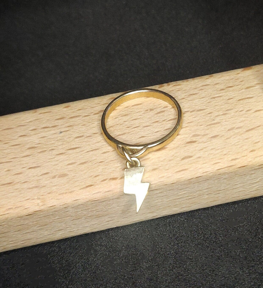 Recycled Gold Lightning Bolt Charm Ring in 9k Yellow Gold - Perfect Gift for Her