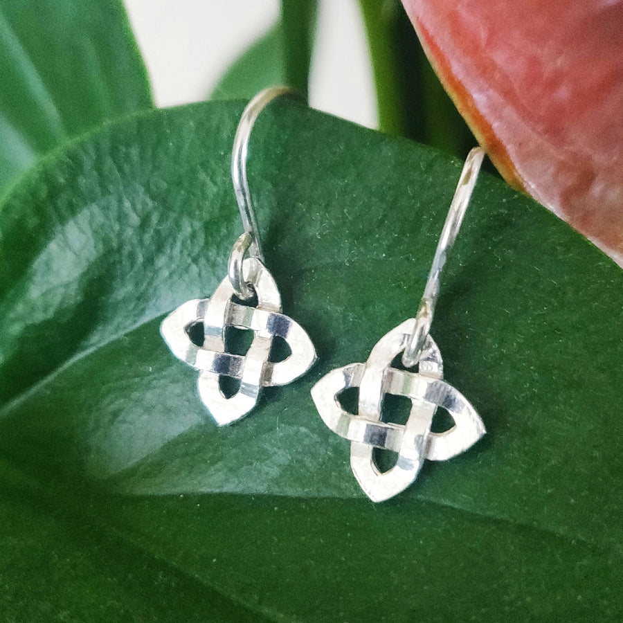 Pair of 14k yellow gold celtic knot earrings on a green leaf.