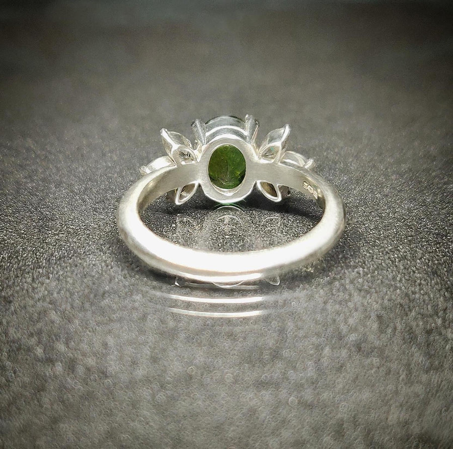 Green Tourmaline and Marquise Diamond Ring in White Gold, Handmade Vintage Style Engagement Ring