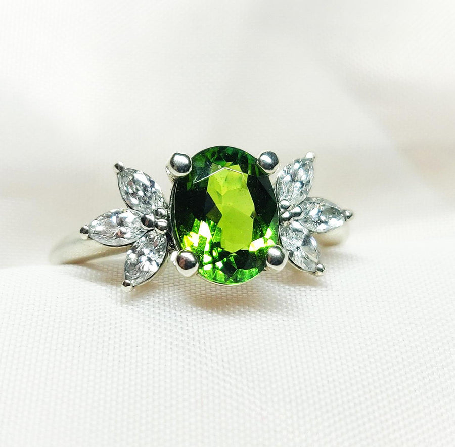 Green Tourmaline and Marquise Diamond Ring in White Gold, Handmade Vintage Style Engagement Ring