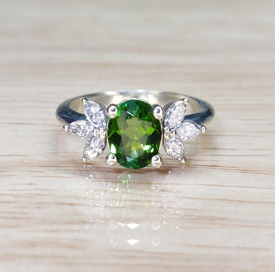 Green Tourmaline and Marquise Diamond Ring in White Gold, Handmade Vintage Style Engagement Ring