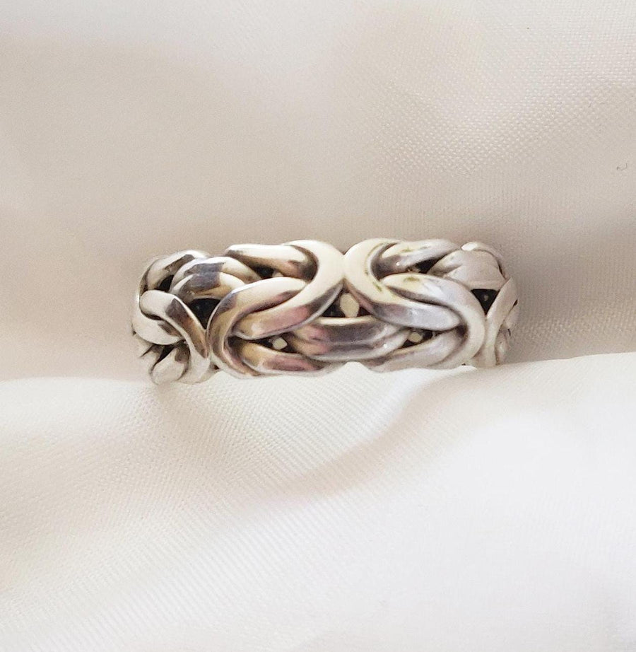 Byzantine Chain Link Style Argentium Silver Ring on a White Background.