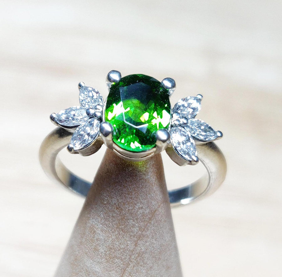 Green Tourmaline and Marquise Diamond Ring in White Gold, Handmade Vintage Style Engagement Ring