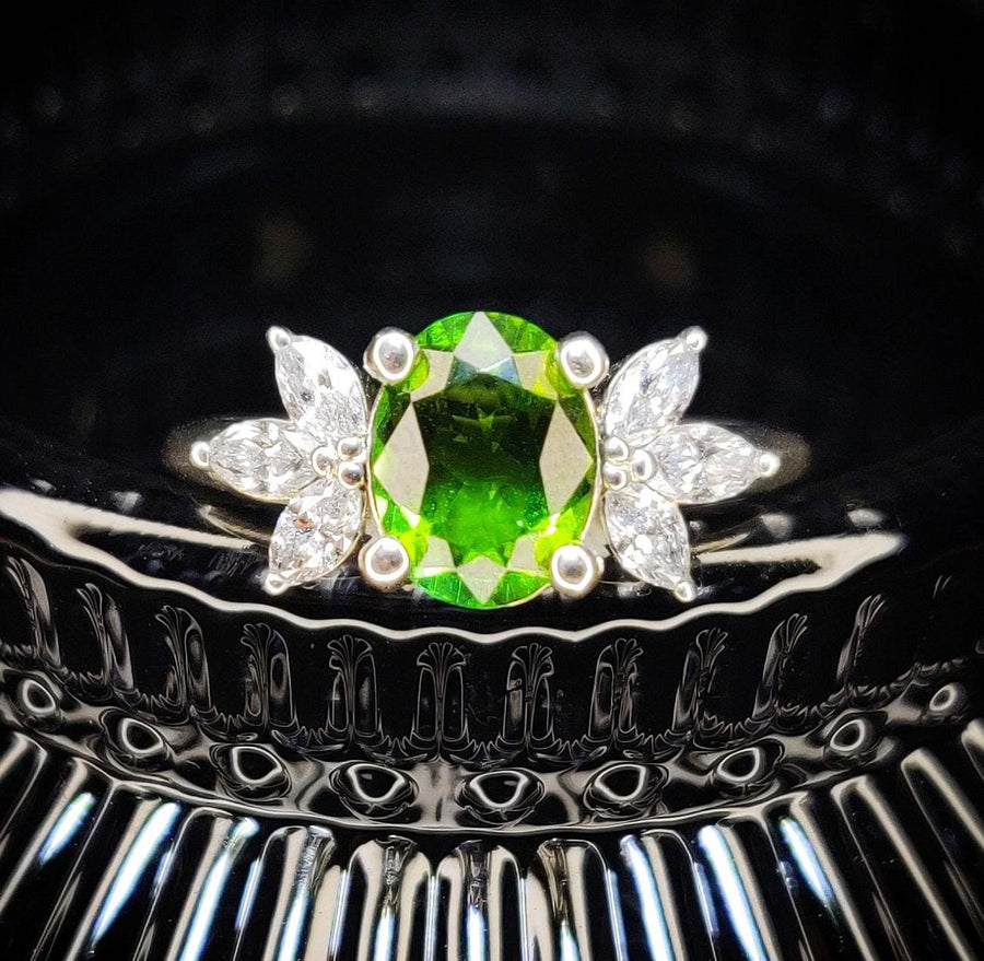 Green Tourmaline and Marquise Diamond Ring in White Gold, Handmade Vintage Style Engagement Ring