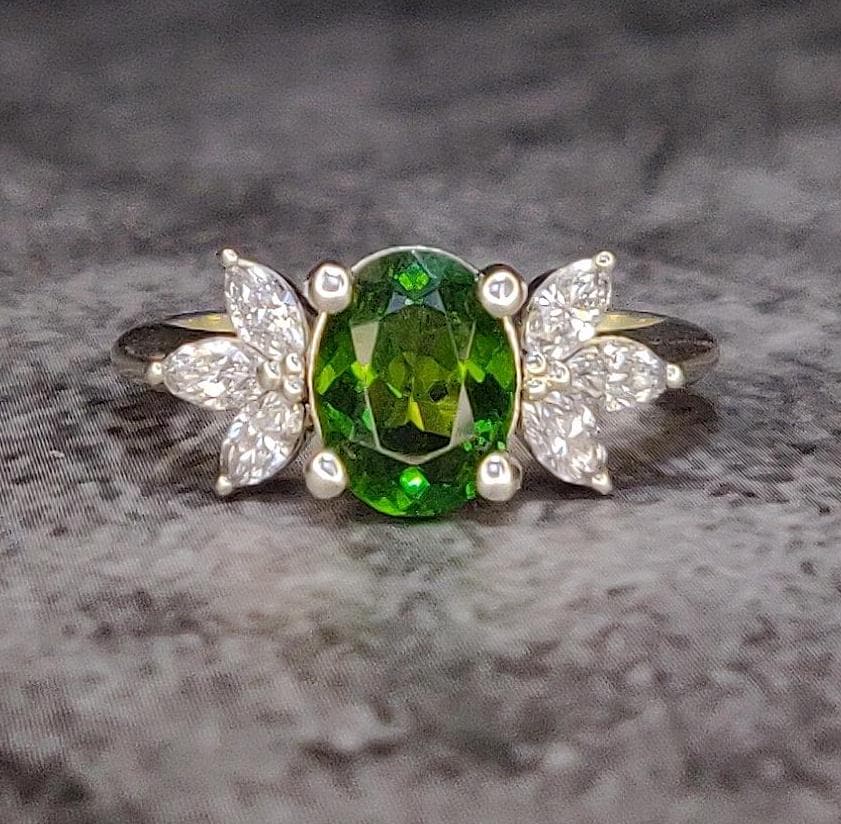 Green Tourmaline and Marquise Diamond Ring in White Gold, Handmade Vintage Style Engagement Ring